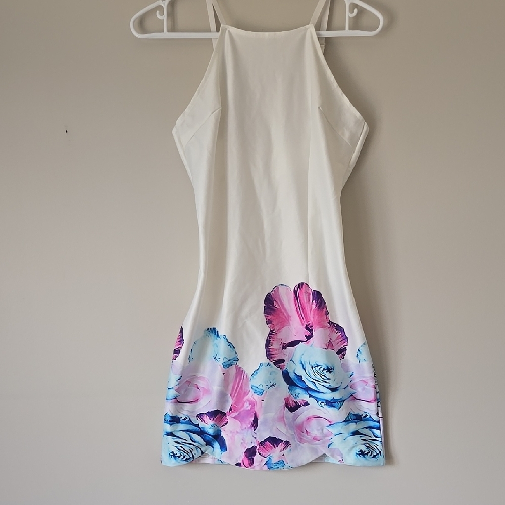 White Bodycon Dress with Pink and Blue Accents